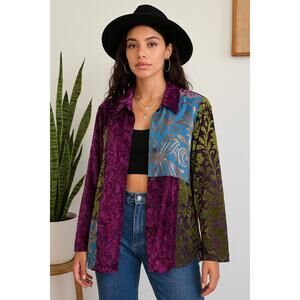 Y2K Vtg Burnout Velvet Patchwork Boho Festival Shirt M Purple Blue Green Art
